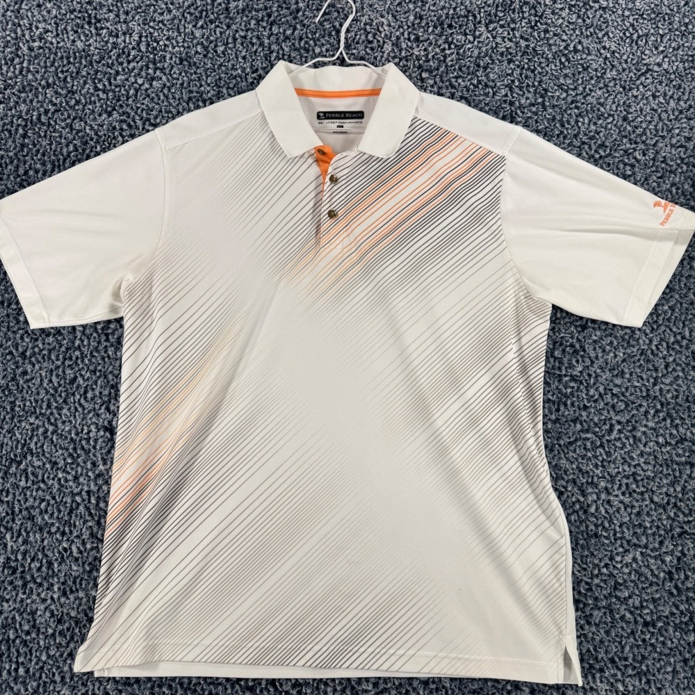 Pebble Beach Dry Luxe Performance Golf Polo Shirt Mens XL White Orange Striped
